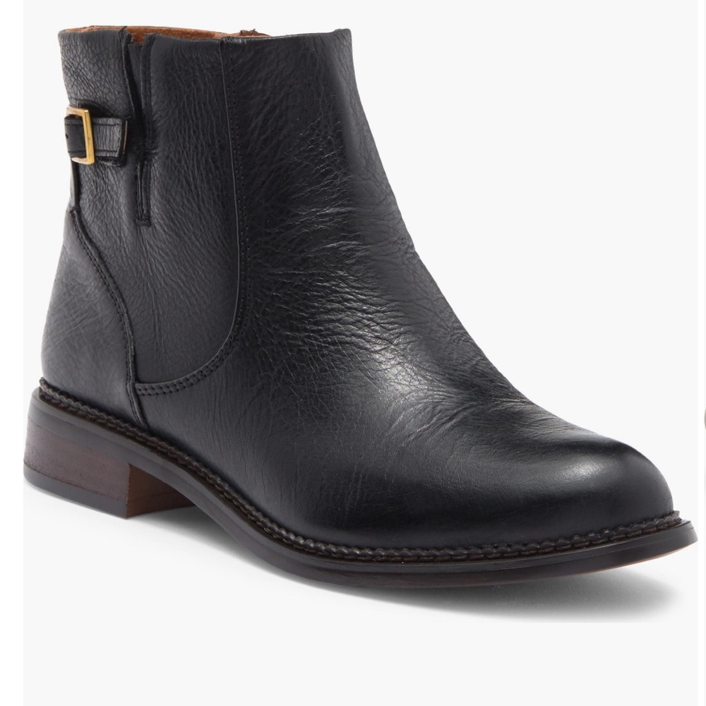 Women’s Franco Sarto Black Ankle Boots with Gold Buckle